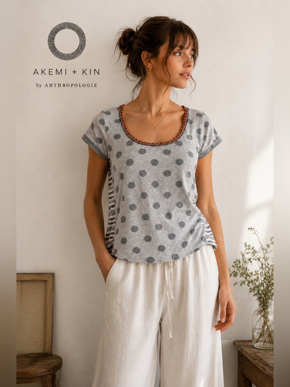 Anthropologie Akemi + Kin Polka Dot Stripe Knit Top short sleeve XS Boho B